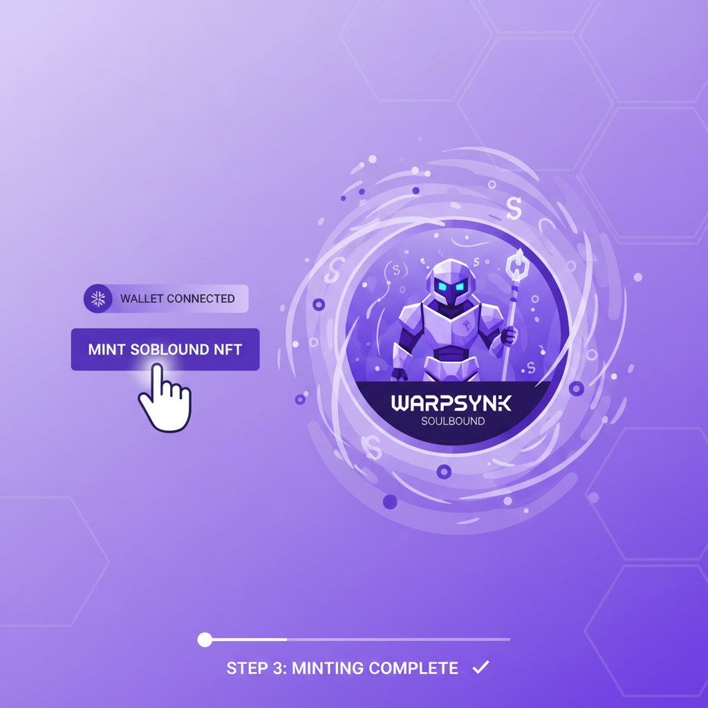 Minting soulbound NFT process on Solana, animated badge emerging, WarpSynk steward design, purple hues