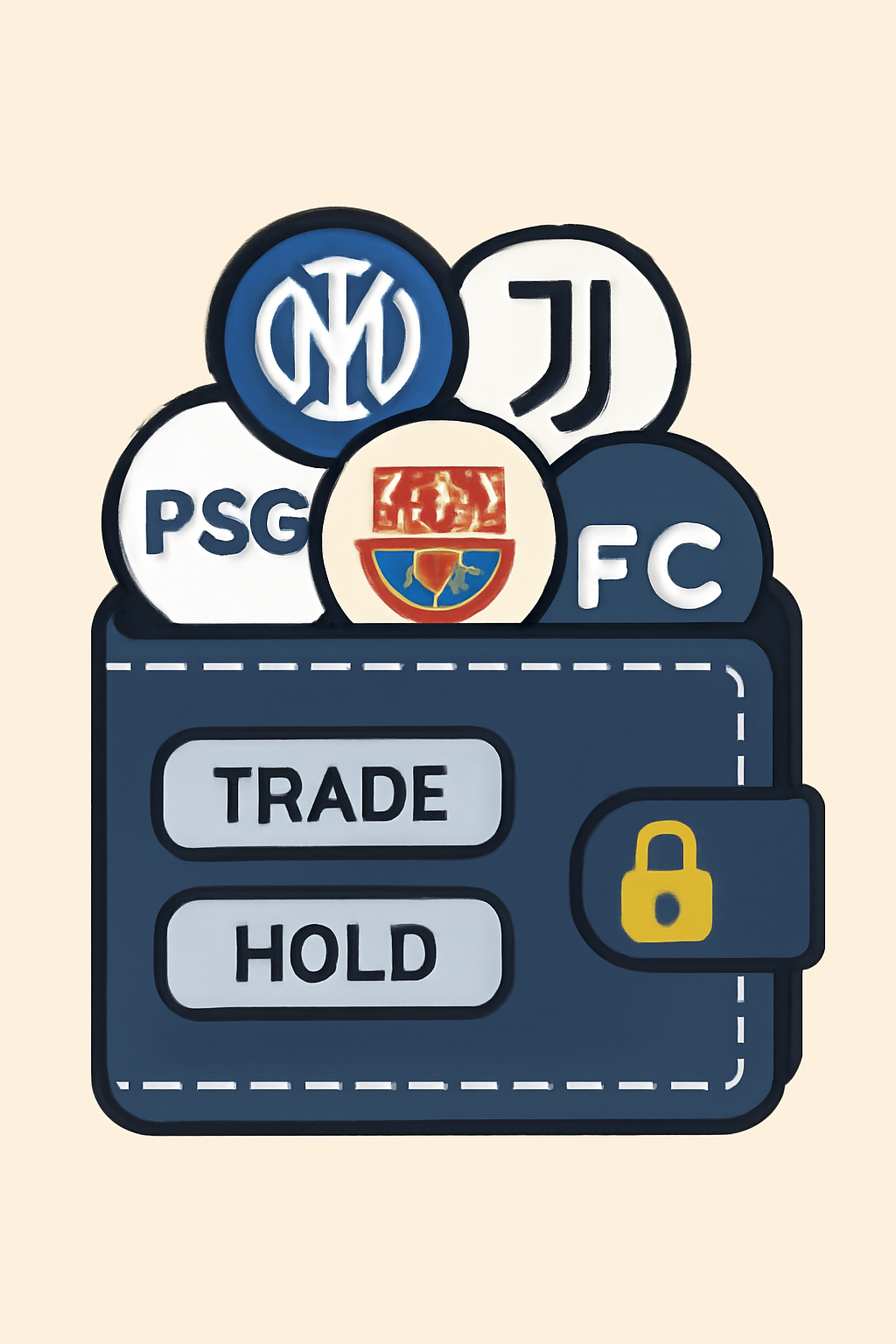 a secure digital wallet displaying various soccer fan tokens, with trade and hold options, padlock icon for security