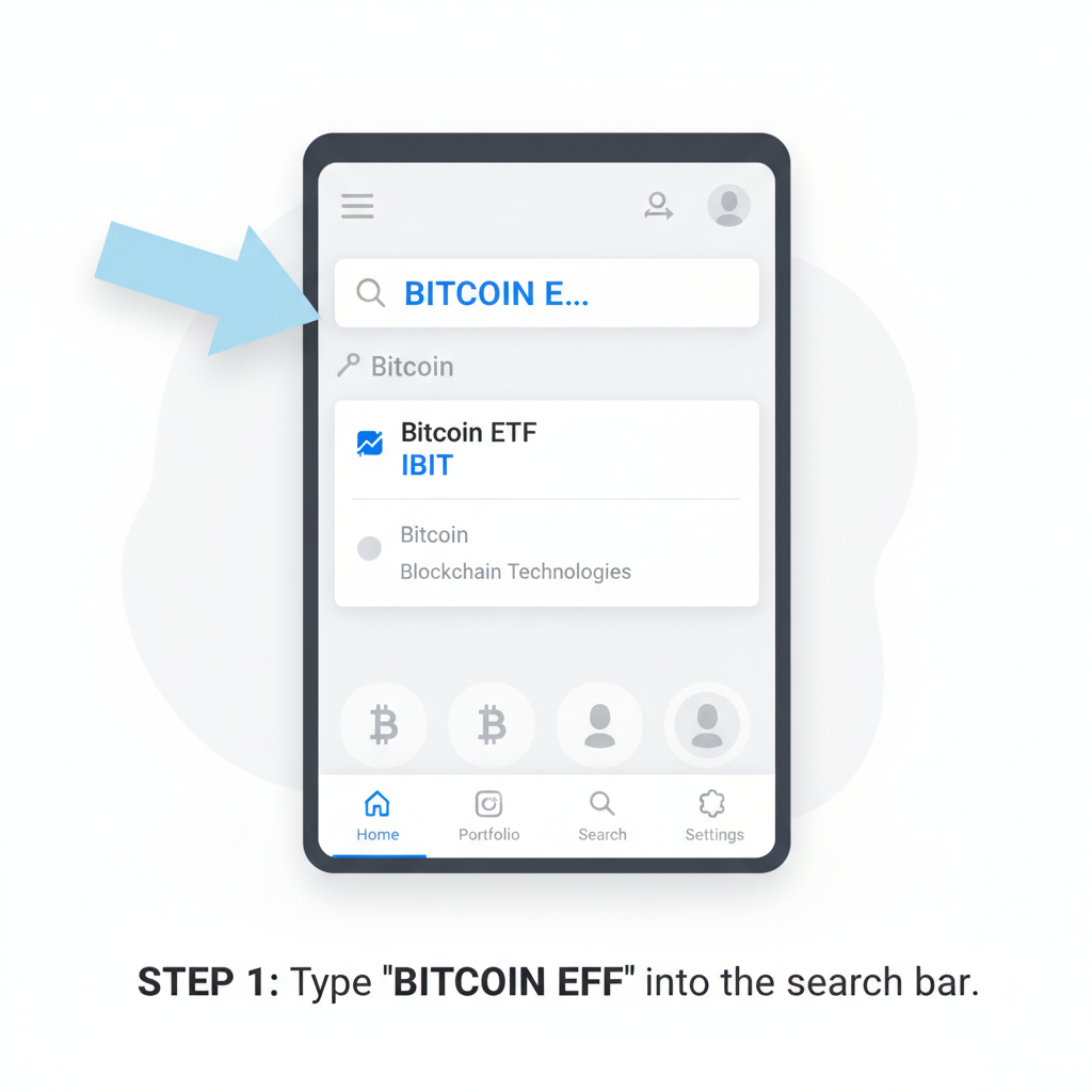 brokerage app search bar typing Bitcoin ETF ticker, modern UI screenshot style