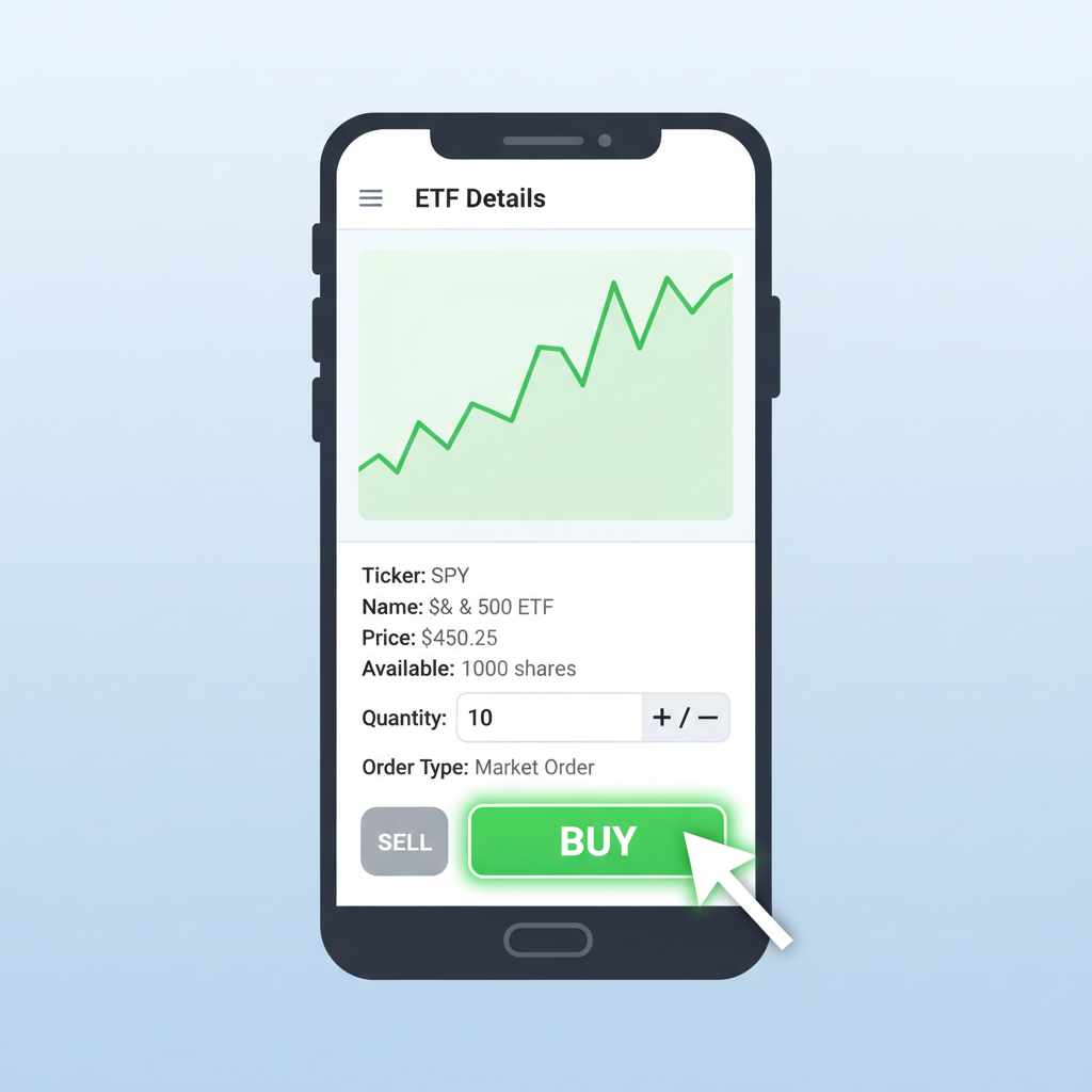 placing buy order in trading app, ETF details screen, buy button highlighted