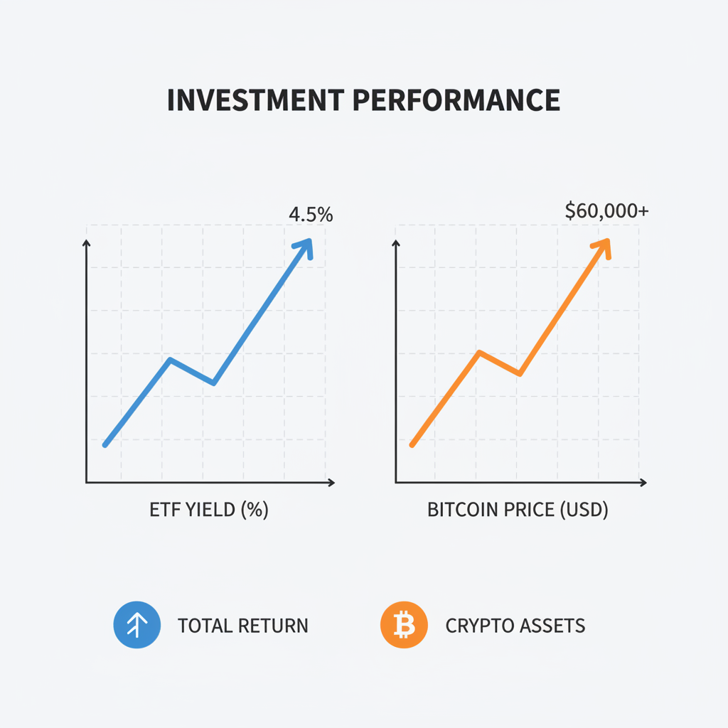investment dashboard chart showing ETF yield and Bitcoin price, graphs rising