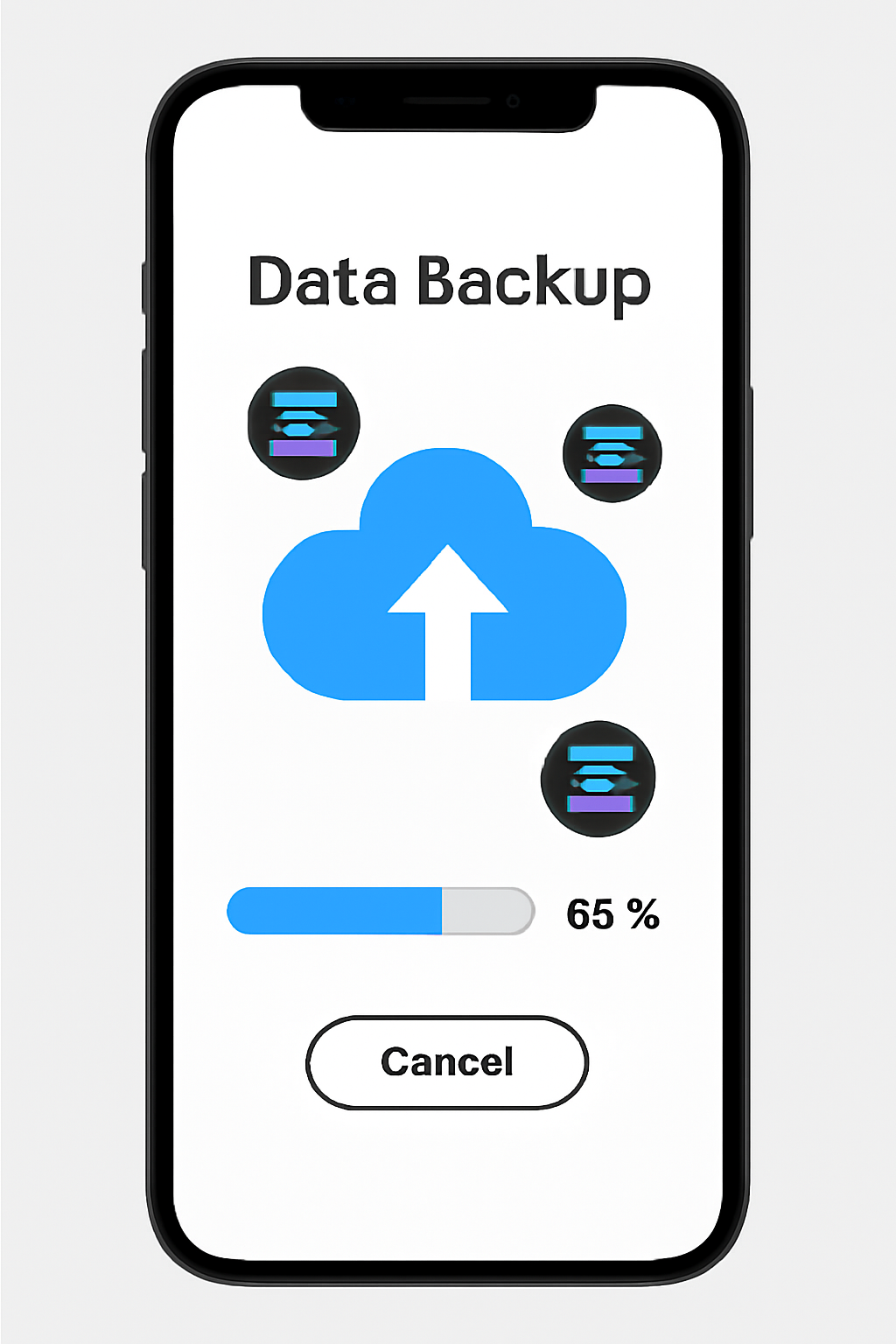 Smartphone screen showing data backup progress to cloud, Solana icons, modern interface