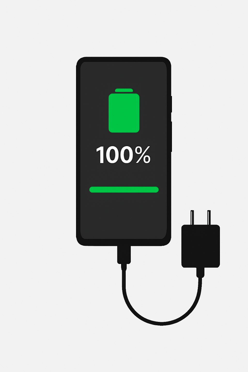 Solana Saga charging screen at 100%, official charger connected, progress bar full