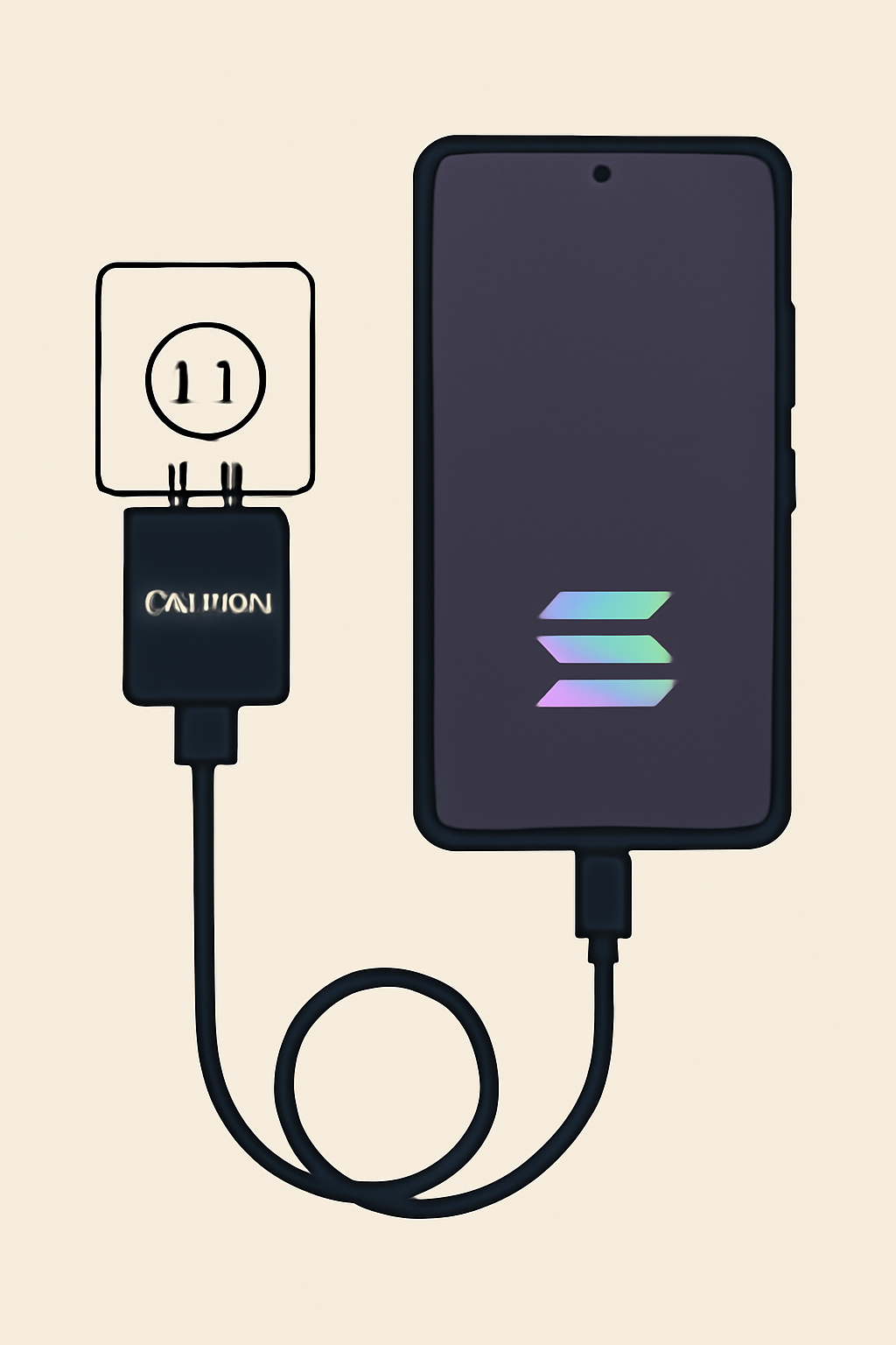 Solana Saga phone connected to official charger, cable plugged in wall, no screen on