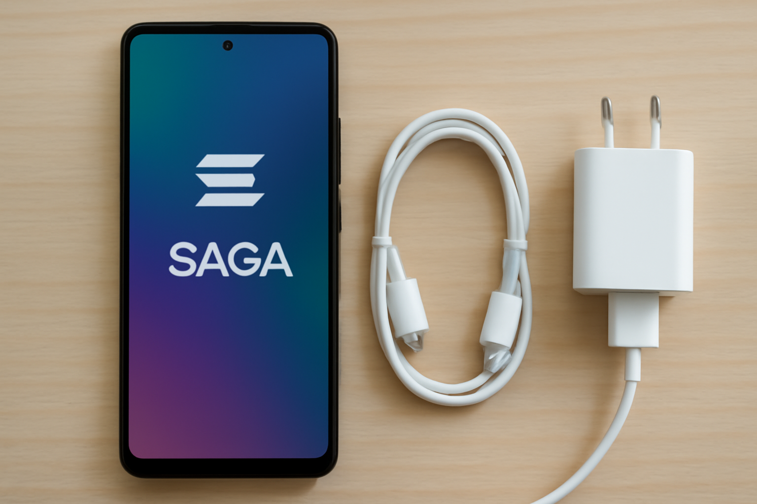 Solana Saga phone next to official charger cable and adapter, clean desk setup, realistic photo