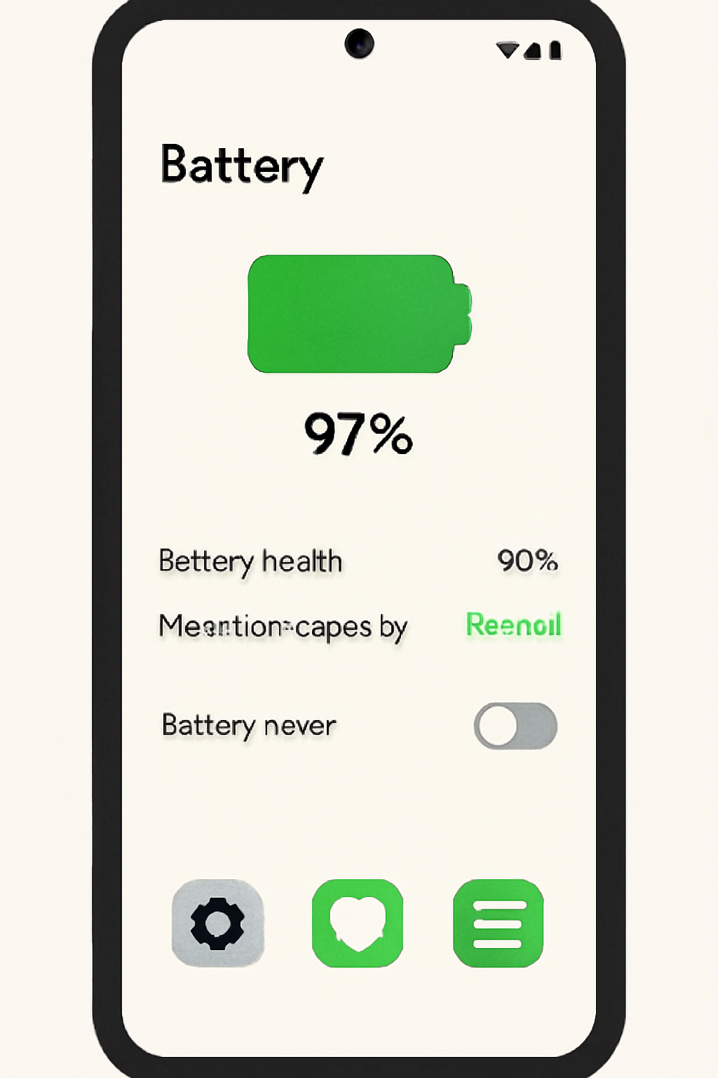 Solana Saga battery settings screen showing health stats, green indicators, app icons
