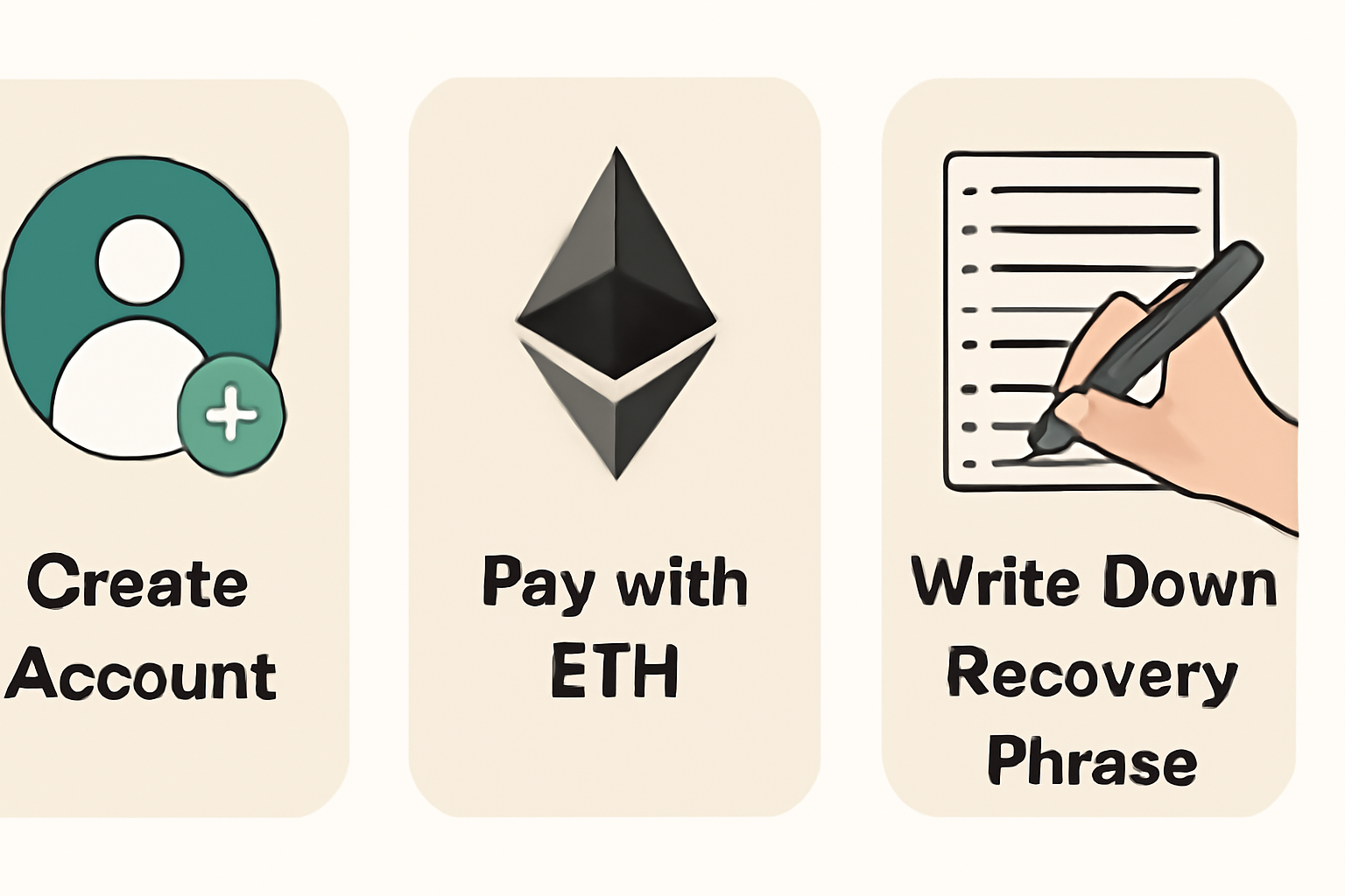 A user interface showing account creation steps, with a prompt for ETH payment and a recovery phrase being written down securely.