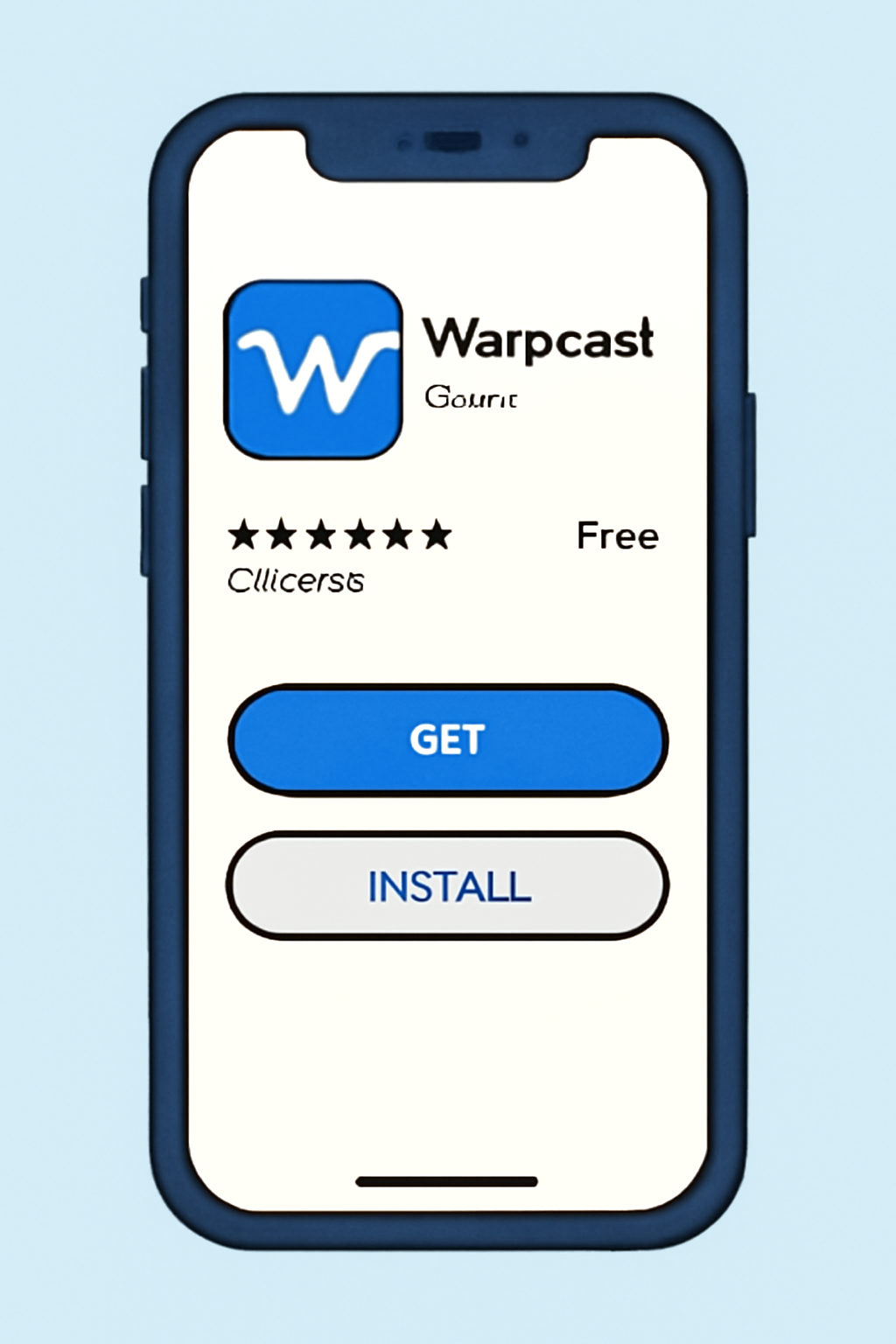 A smartphone screen displaying the Warpcast app in the app store, with download and install buttons visible.