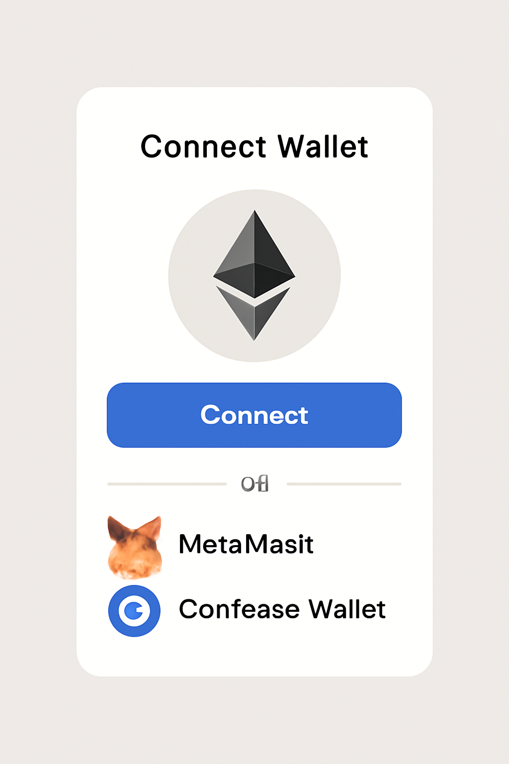A digital wallet interface connecting to an app, showing Ethereum wallet options like MetaMask and Coinbase Wallet.