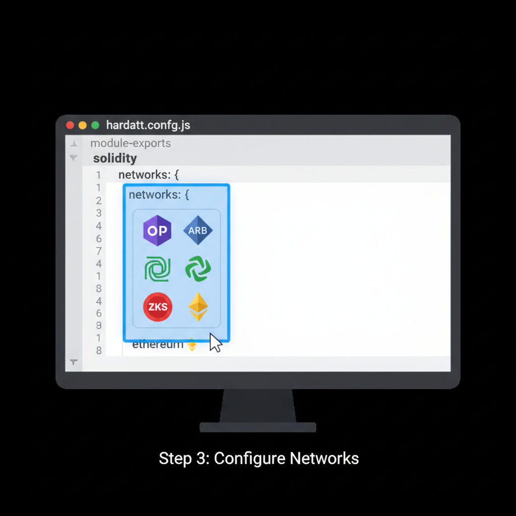 hardhat config file open, network settings highlighted, Ethereum L2 icons