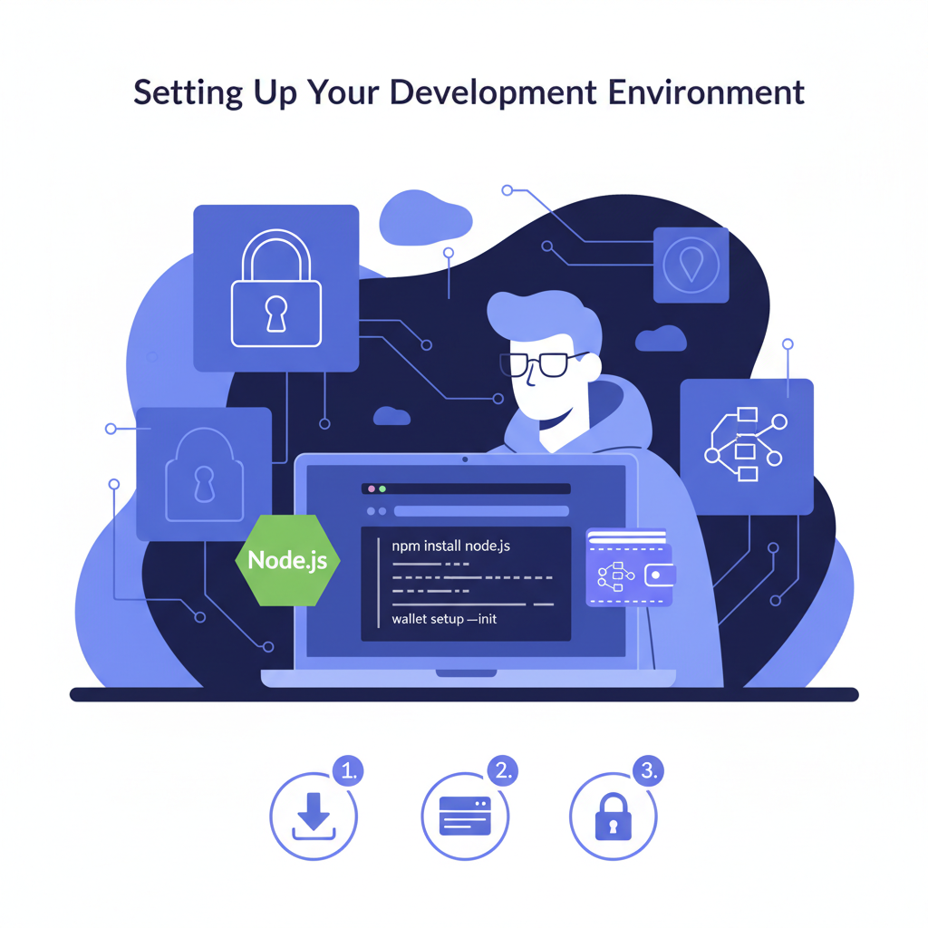 developer setting up Node.js and wallet on laptop, neon encryption locks background