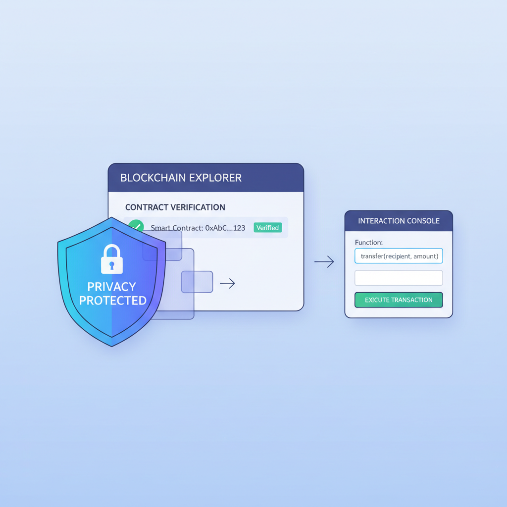 blockchain explorer verifying contract, interaction console, privacy shield