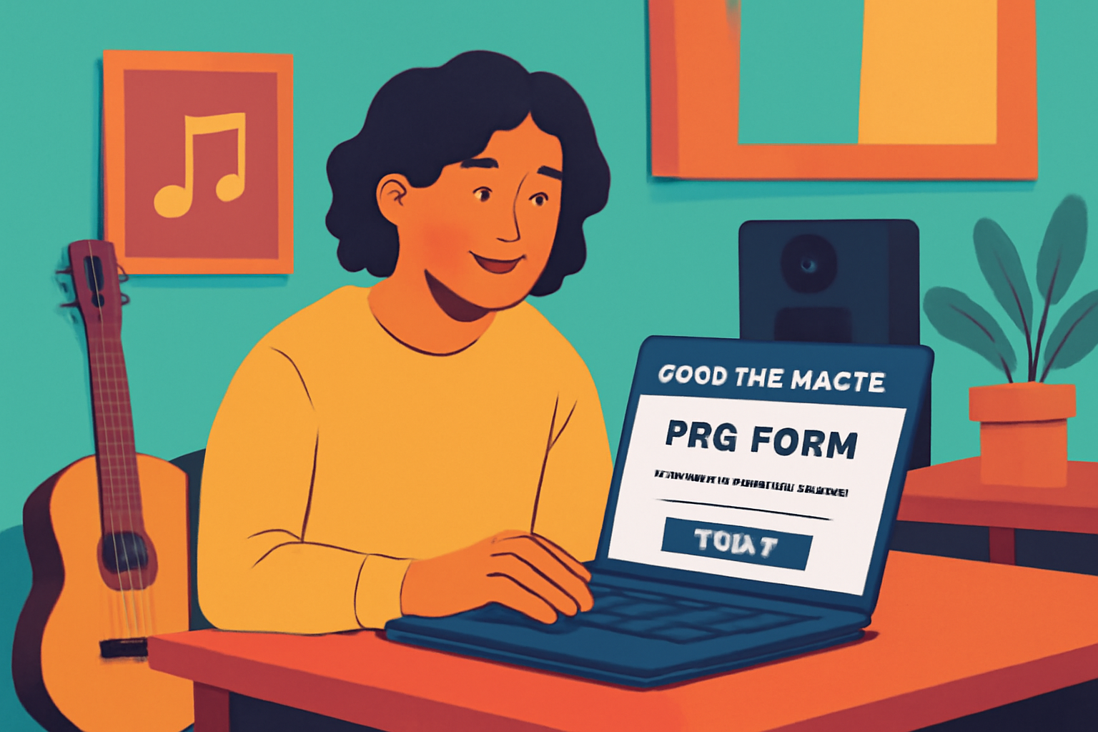 indie musician smiling at laptop registering online PRO form, cozy home studio, vibrant colors