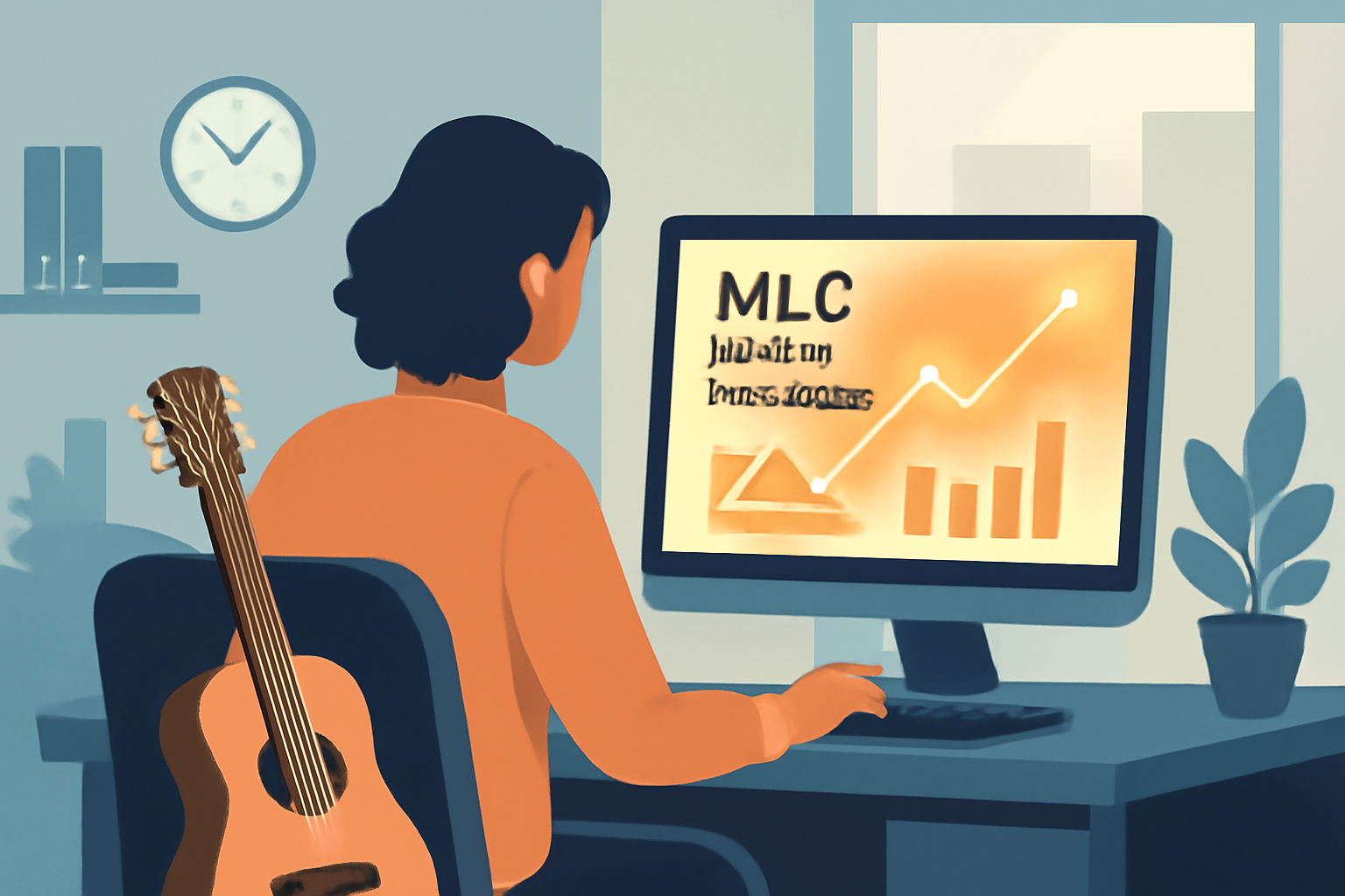 artist entering MLC dashboard on computer, royalty graphs glowing, modern office vibe
