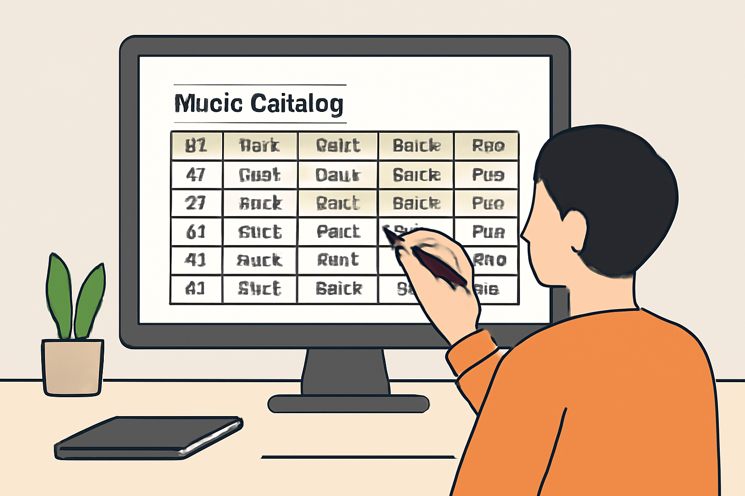 organized music catalog spreadsheet on screen, artist checking off list, clean desk setup