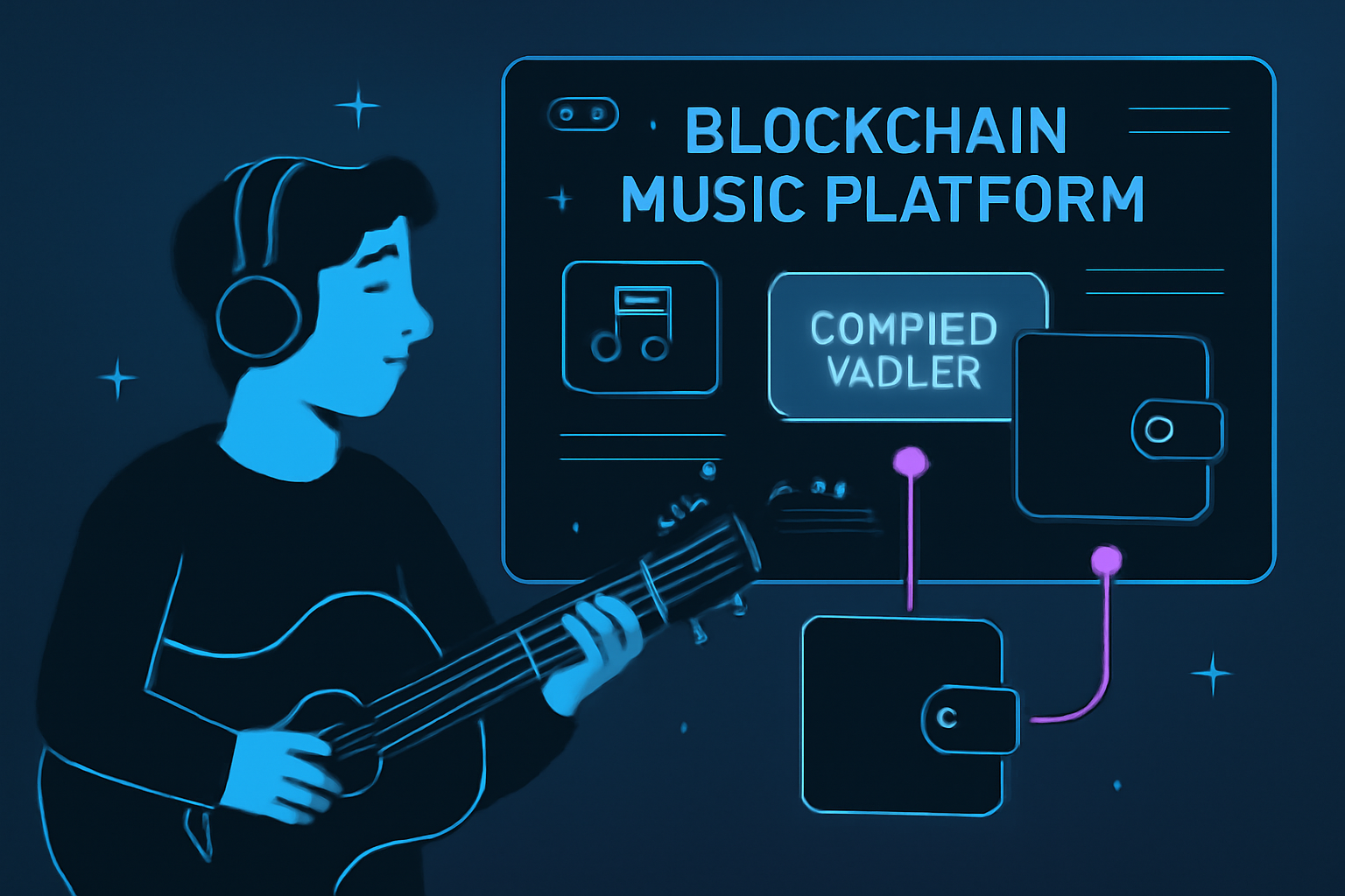 artist connecting wallet to blockchain music platform, futuristic interface, neon accents