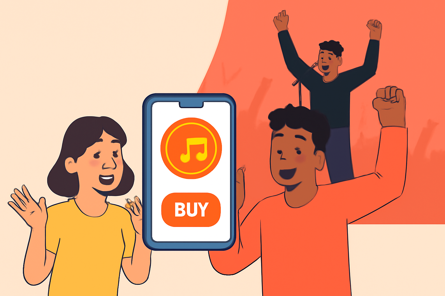 excited fans buying music tokens on phone, artist celebrating on stage background