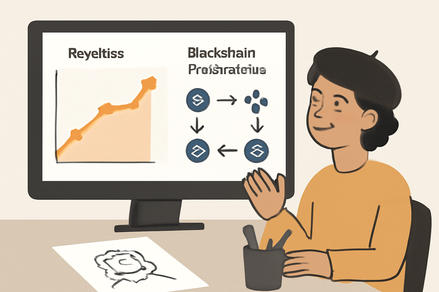 dashboard showing rising royalty graphs and blockchain transactions, happy artist viewing