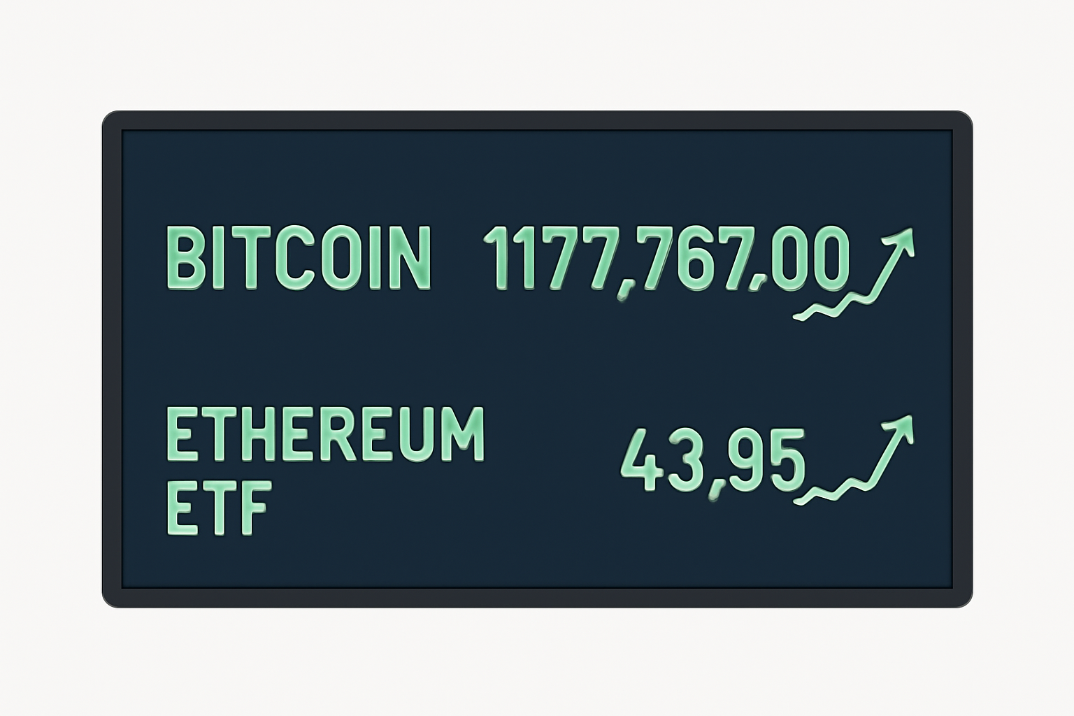 A digital ticker or trading screen displaying Bitcoin at $117,767.00 and Ethereum ETF prices, with upward trends.