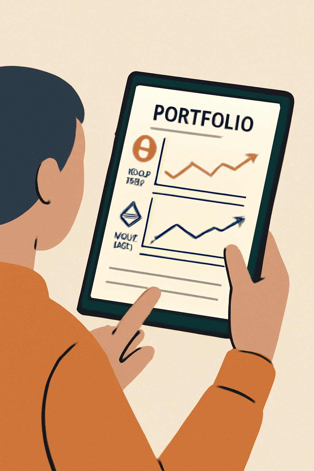 A person reviewing a portfolio on a tablet, with graphs showing Bitcoin and Ethereum ETF performance over time.