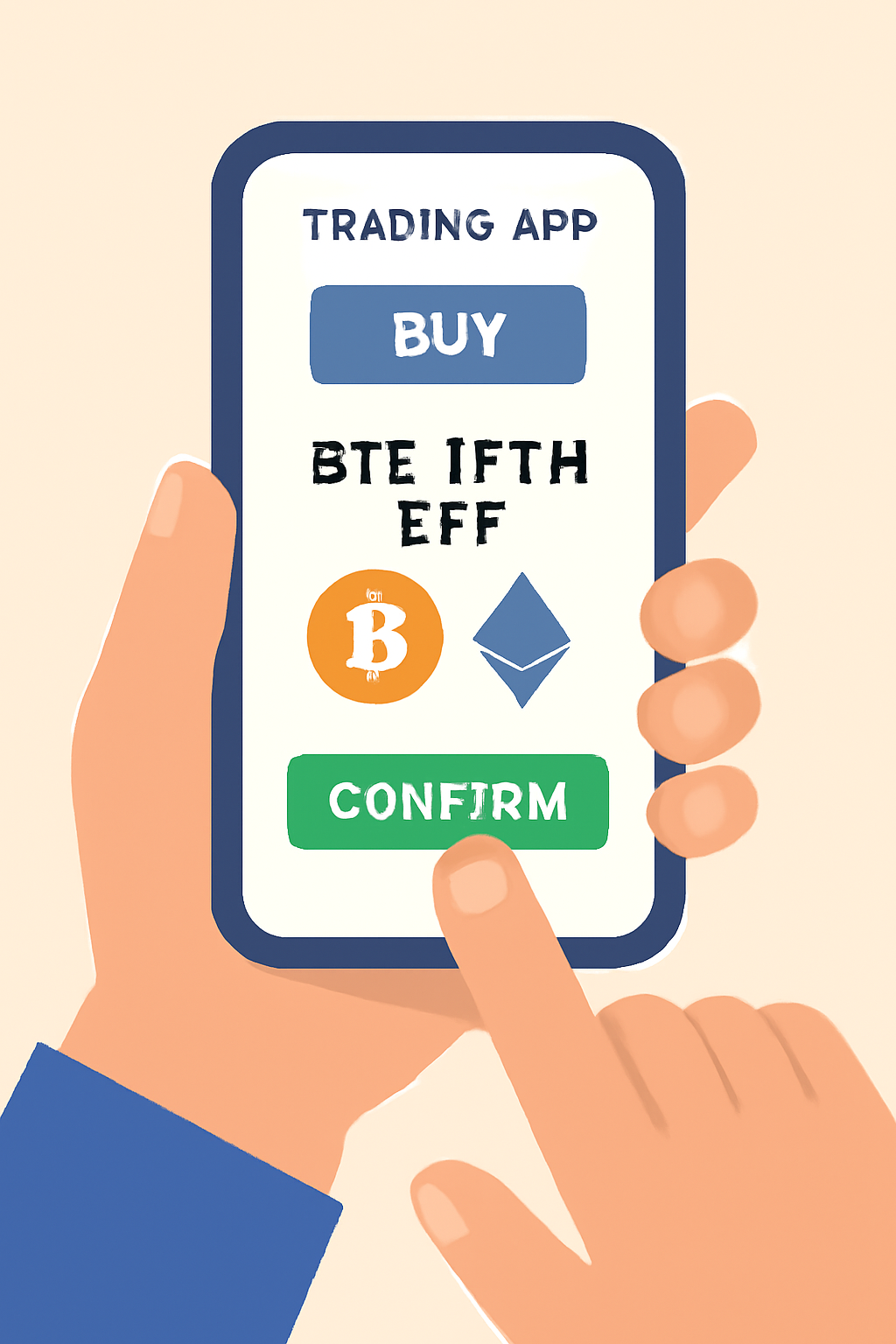 A hand holding a smartphone, confirming a buy order for a Bitcoin or Ethereum ETF on a trading app.