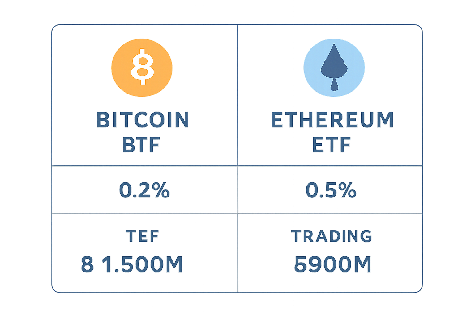 A comparison chart of Bitcoin and Ethereum ETFs, showing logos, fees, and trading volumes.