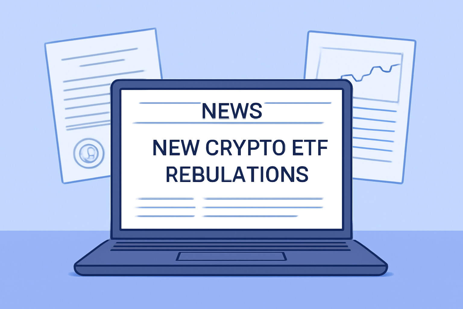 A news headline on a laptop screen about new crypto ETF regulations, with official documents and charts in the background.