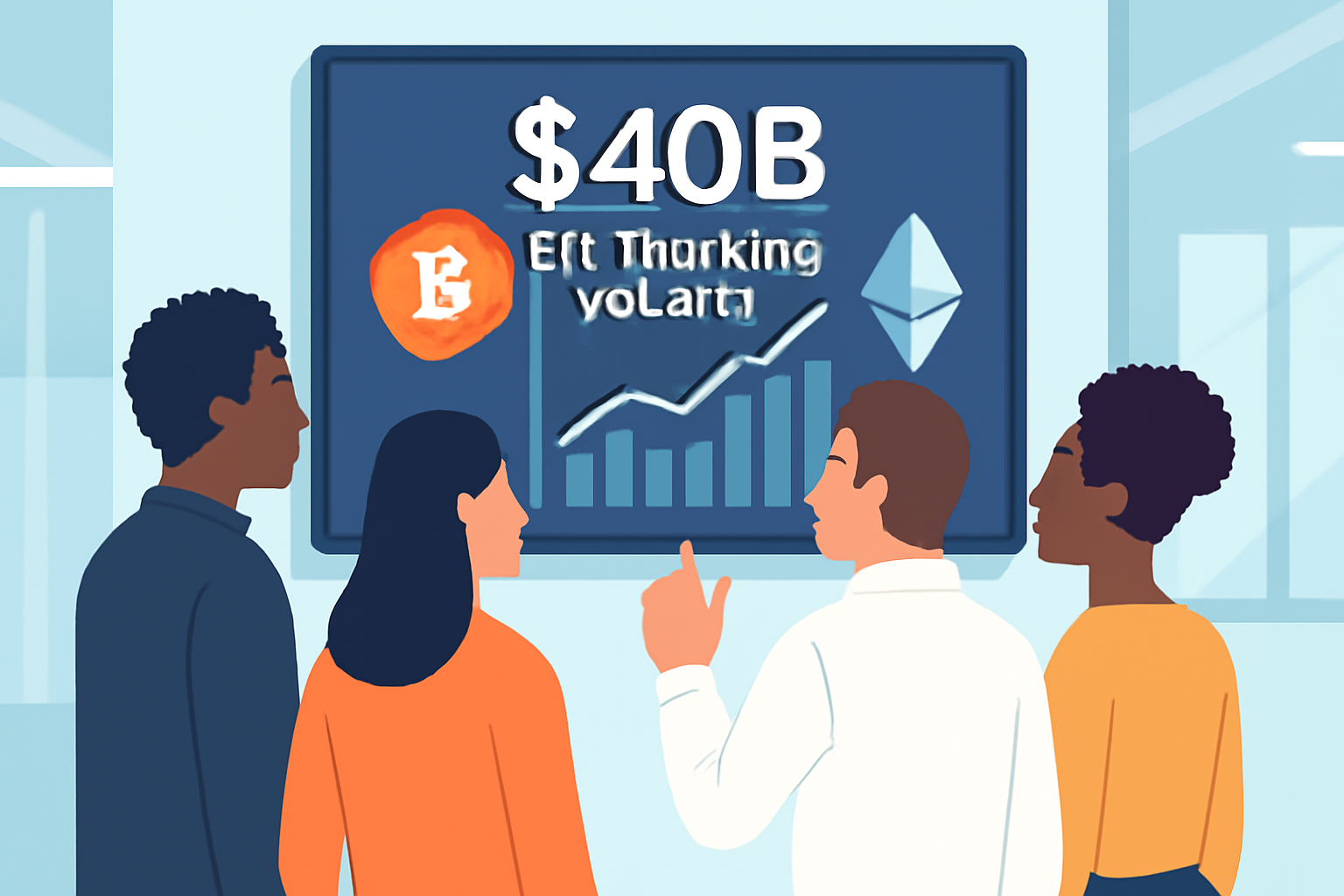A diverse group of investors viewing a digital chart showing $40B ETF trading volume, with Bitcoin and Ethereum logos, in a modern financial setting.