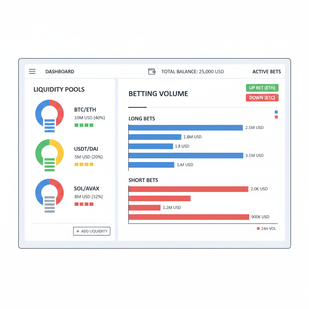 trading dashboard showing liquidity pools and volume bars for bets