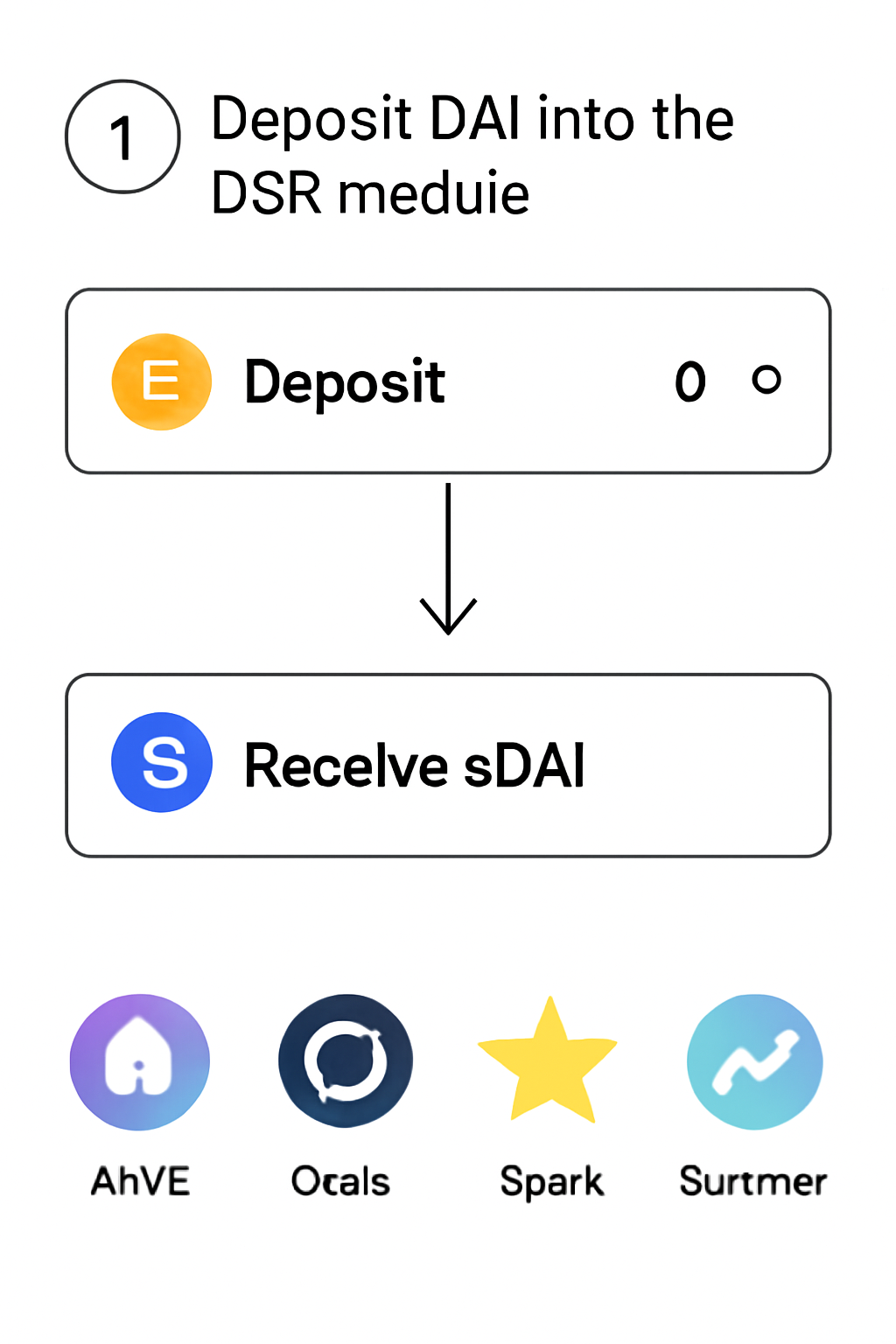 A user interface showing DAI being deposited into the DSR module, with sDAI tokens being received, DeFi platform logos present