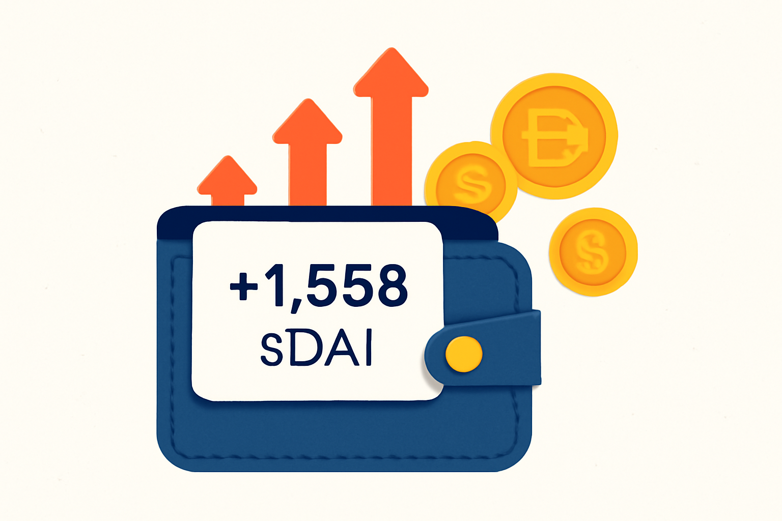 A digital wallet displaying a growing sDAI balance, with upward arrows and coins symbolizing passive income