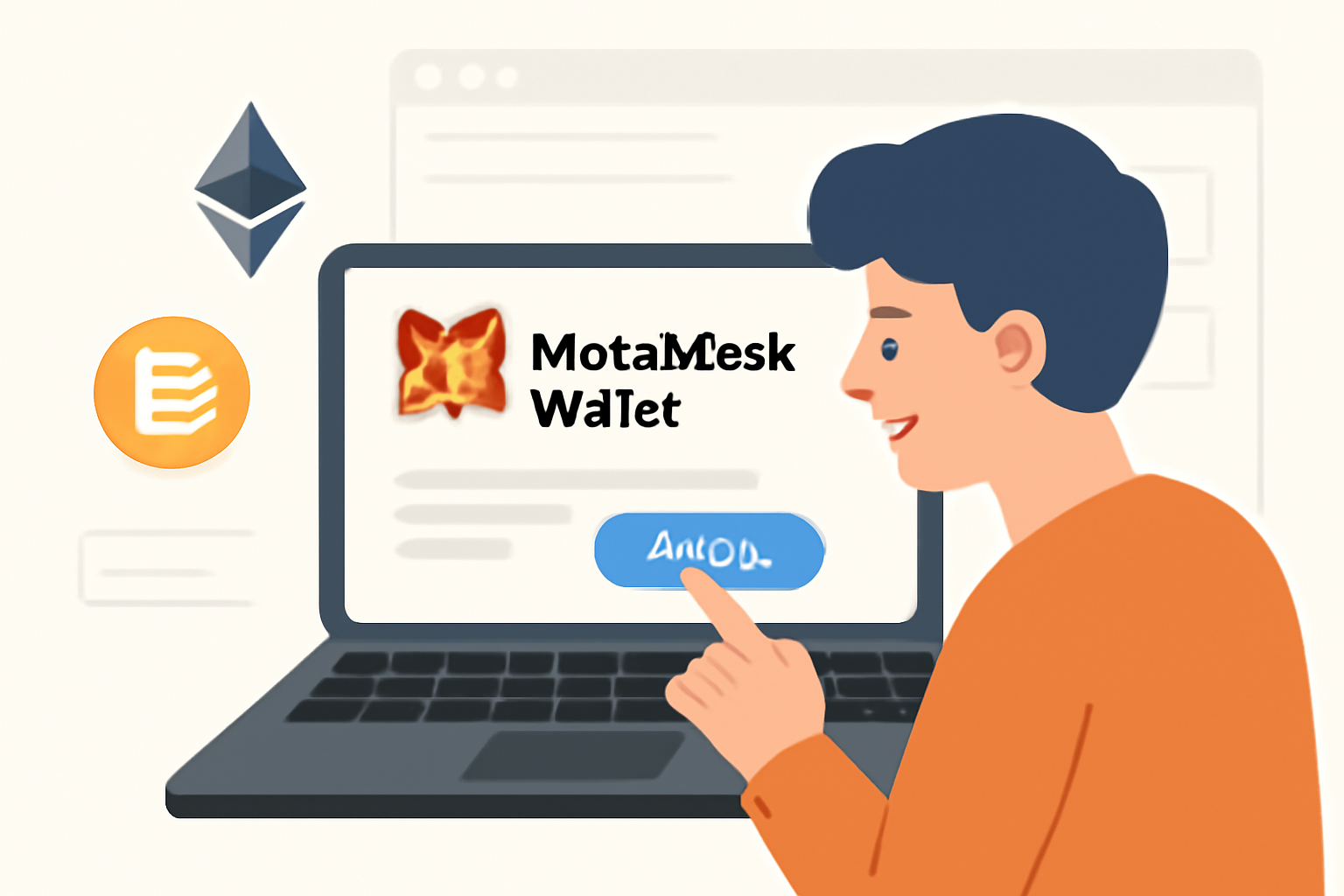 A person installing MetaMask wallet extension on a laptop, with Ethereum and DAI logos visible, modern digital interface