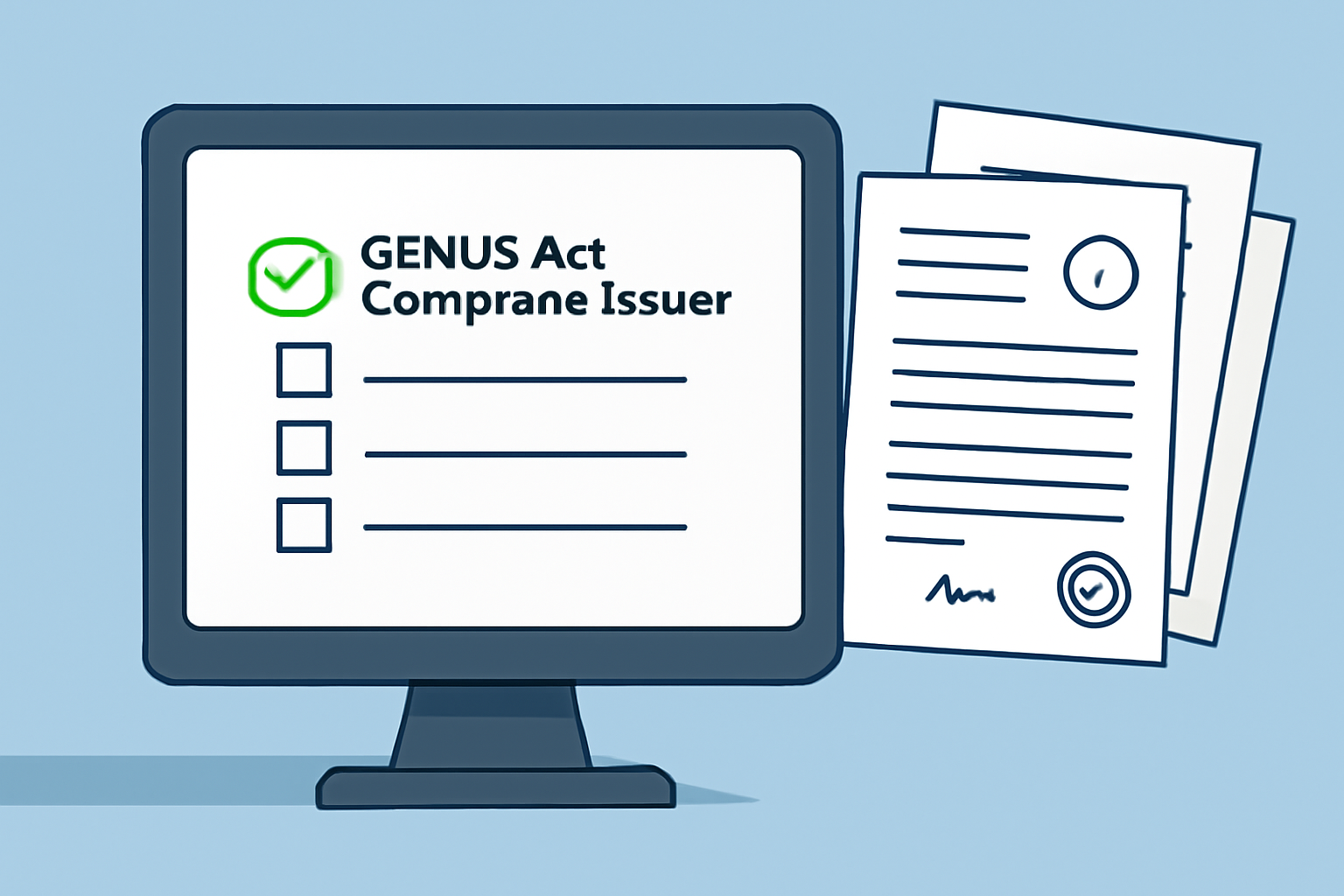 A computer screen displaying a checklist with a green checkmark next to 'GENIUS Act Compliant Issuer' and official documents in the background.