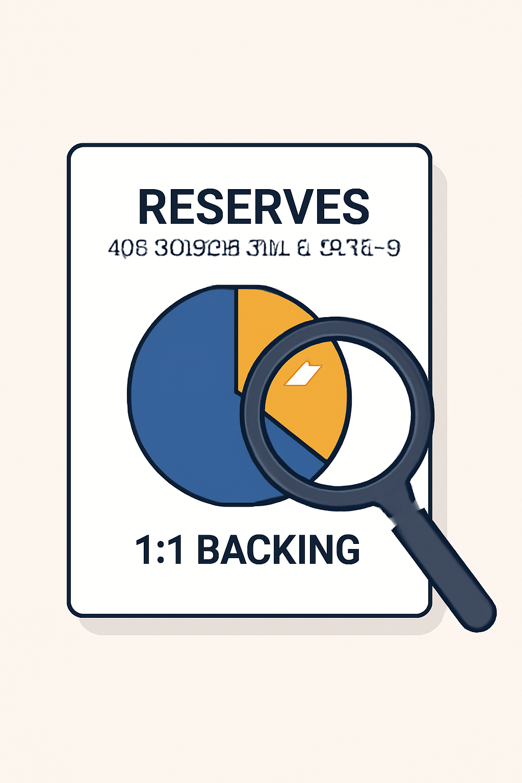 A digital report showing a pie chart of reserves (U.S. dollars, Treasury bills) and a '1:1 backing' label, with a magnifying glass over the report.
