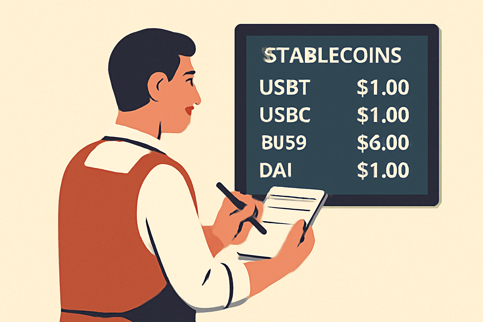 A merchant reviewing a list of stablecoins with current prices displayed on a digital screen, including USDT, USDC, BUSD, and DAI, all pegged close to $1.00.