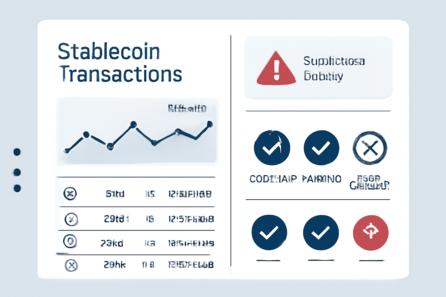 A dashboard displaying real-time stablecoin transactions, with alerts highlighting suspicious activity and compliance status indicators.