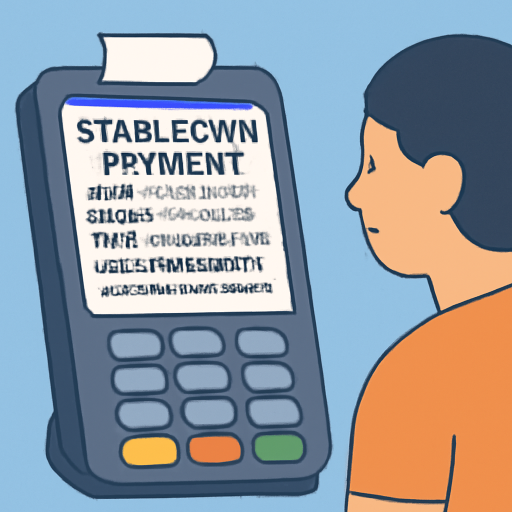 A point-of-sale terminal displaying a clear message about stablecoin payment terms, fees, and consumer rights, with a customer reading the information.