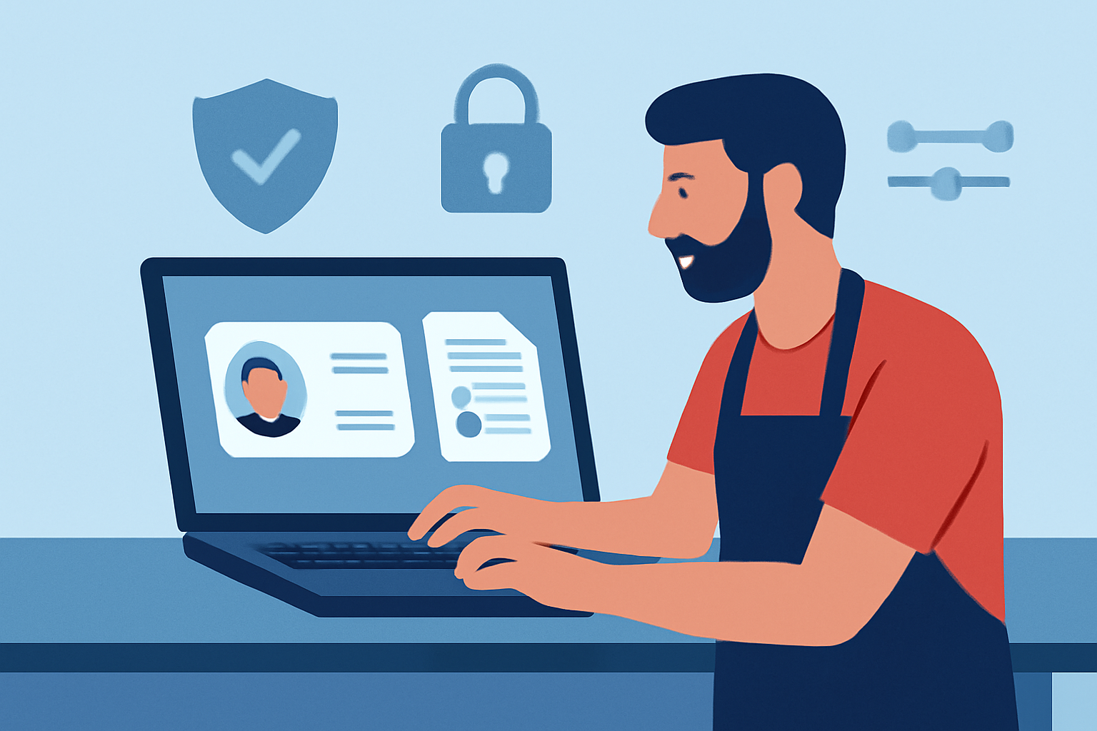 A merchant at a computer, checking a customer’s ID and transaction history, with security and privacy icons in the background.