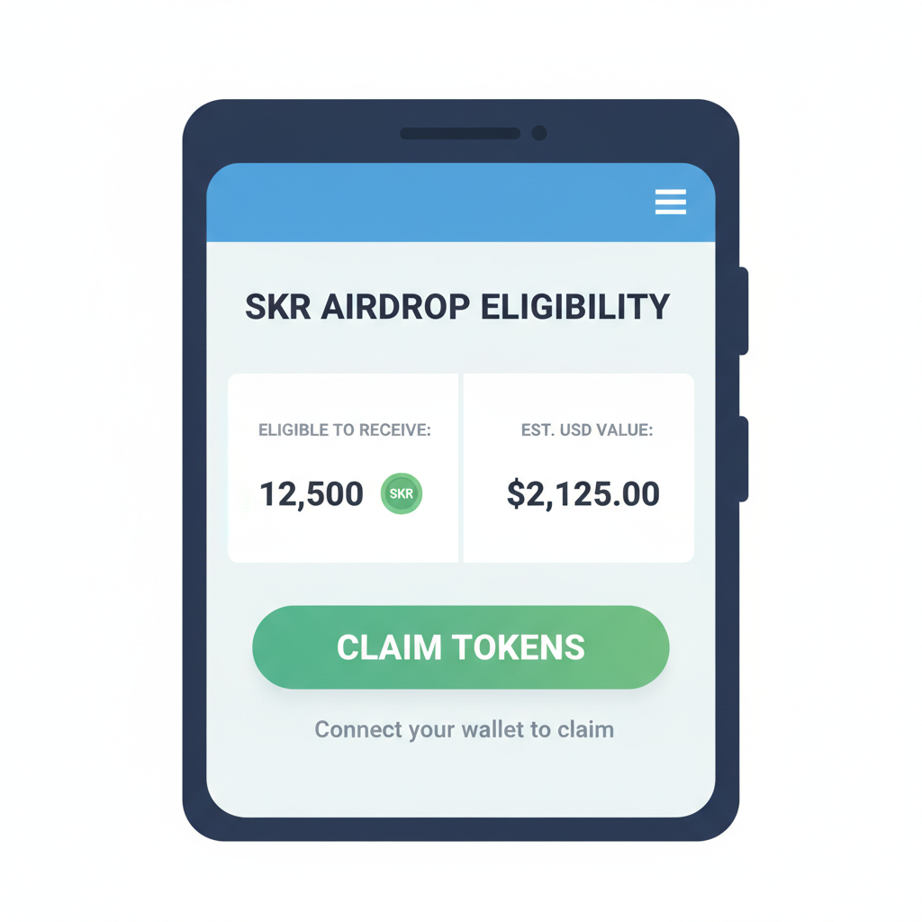 Saga phone screen displaying SKR airdrop eligibility checker, token amounts visible, claim button highlighted