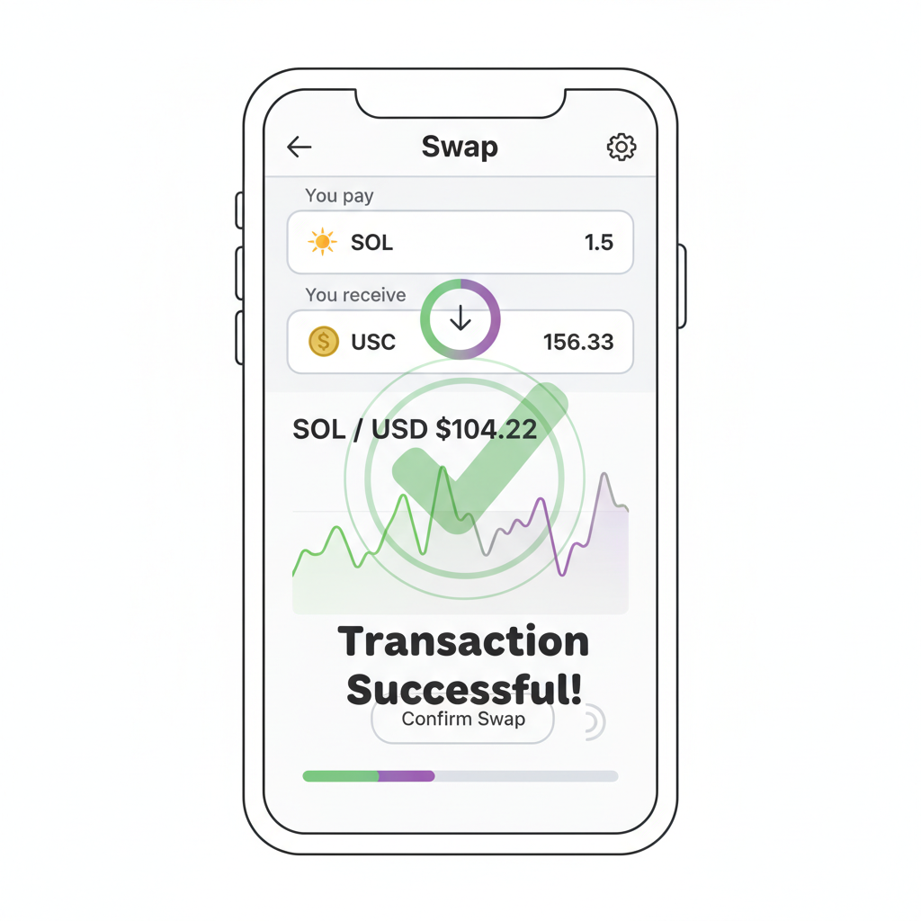Phone interface showing Solana swap transaction in progress, charts with SOL price $104.22, success animation