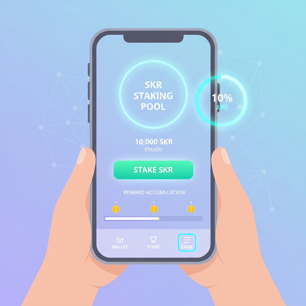 Staking interface on mobile, SKR tokens being staked, reward meter showing 10% APY, glowing effects