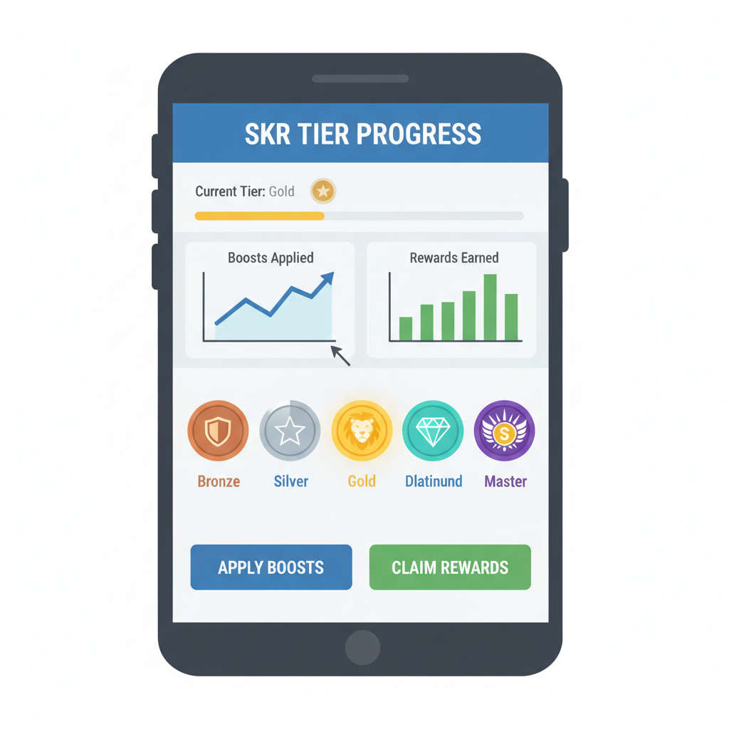 Dashboard on phone tracking SKR tier progress, graphs of boosts and rewards, tier badges from low to Sovereign