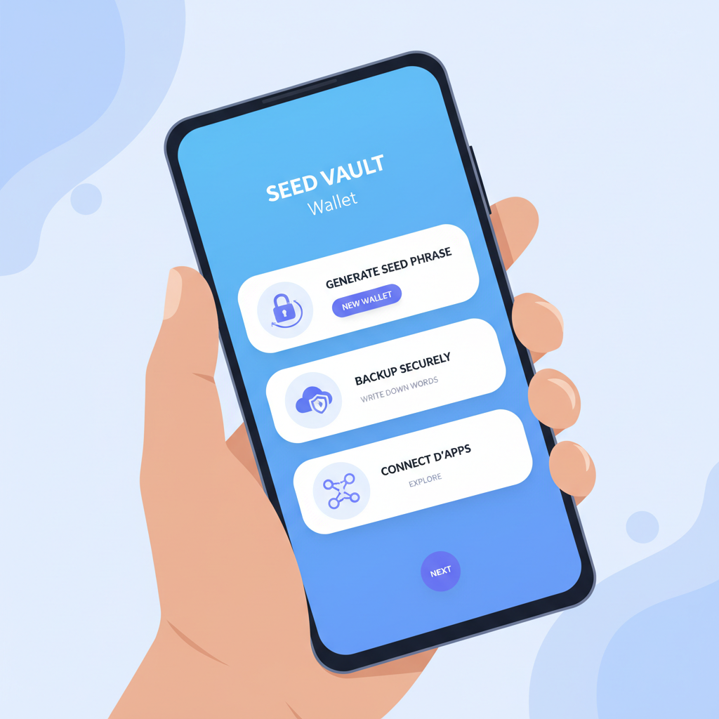 Solana Saga phone held in hand, screen showing Seed Vault Wallet app open, modern crypto interface, clean design