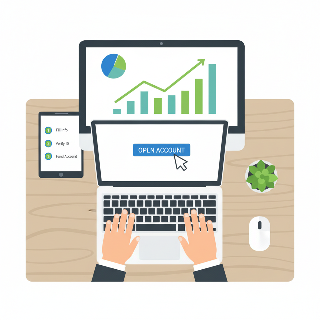 professional opening brokerage account on laptop, modern desk, charts in background, realistic