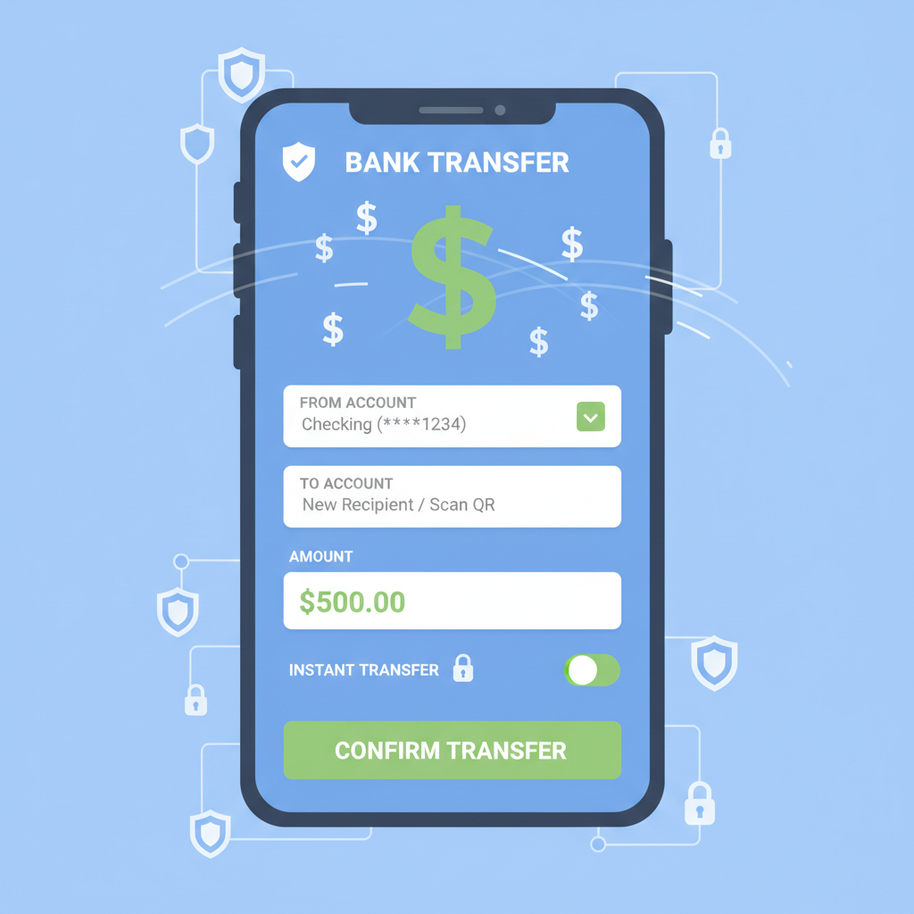 bank transfer screen on mobile app, dollar signs flowing, secure icons, clean UI realistic