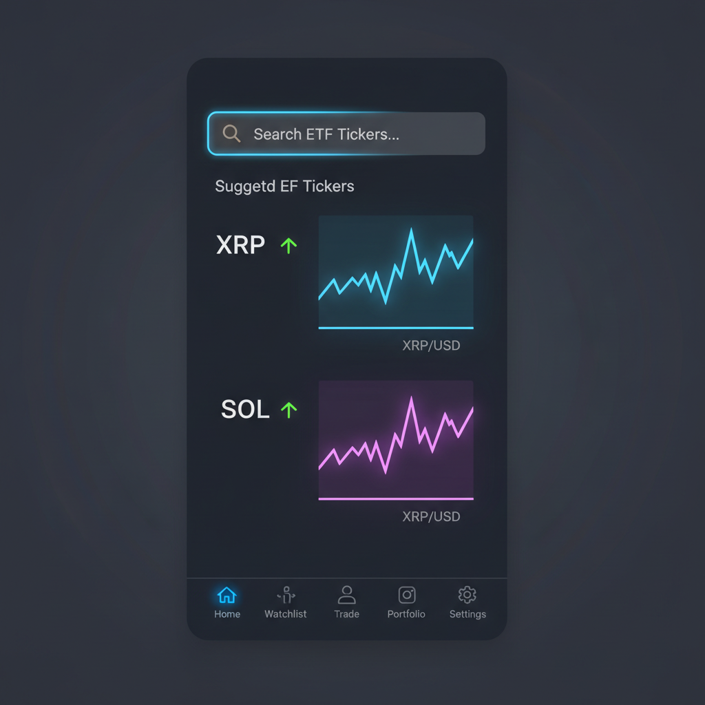 trading app searching crypto ETF tickers, XRP SOL charts glowing, dark mode realistic