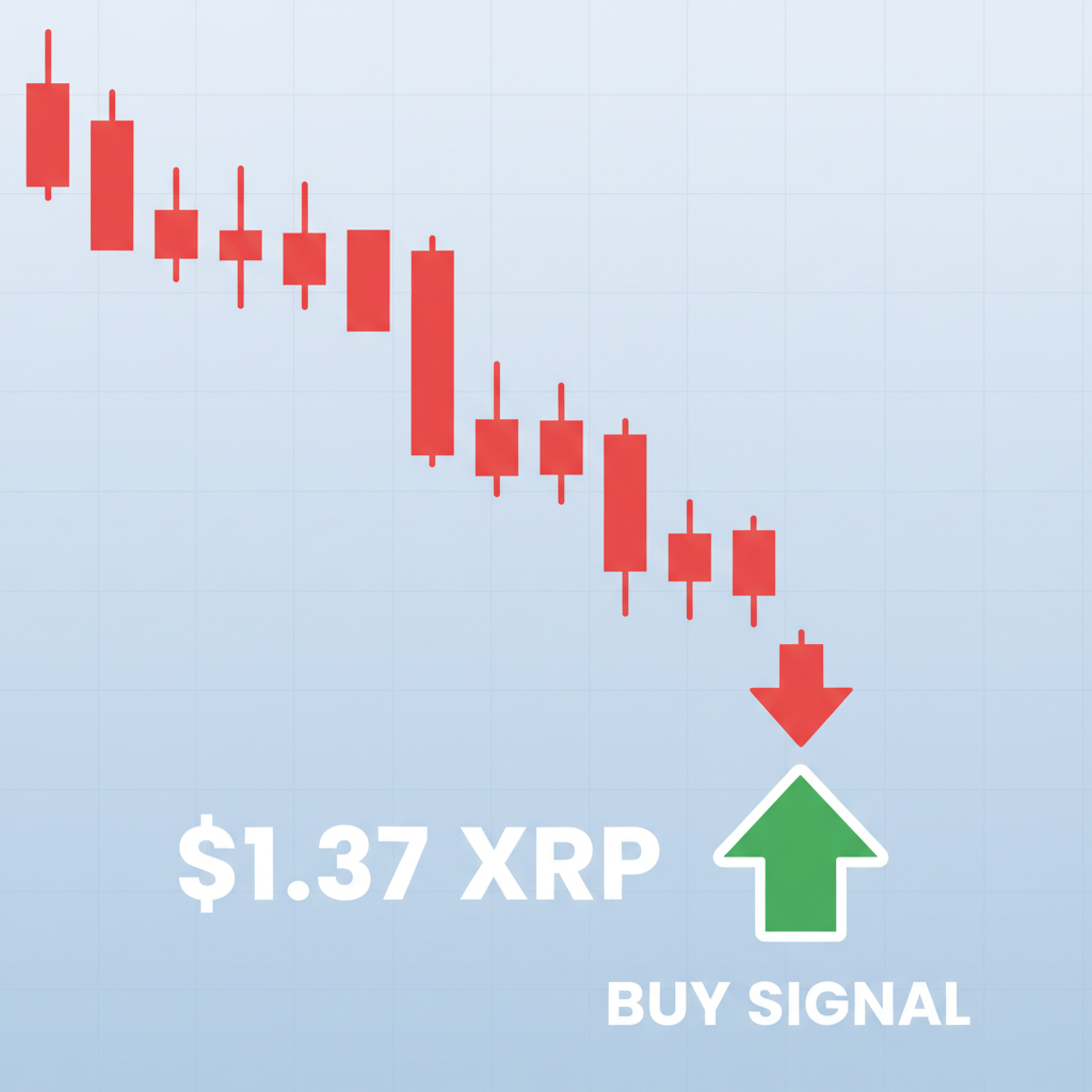 crypto price chart dipping to $1.37 XRP, red candles, buy signal arrow, professional realistic