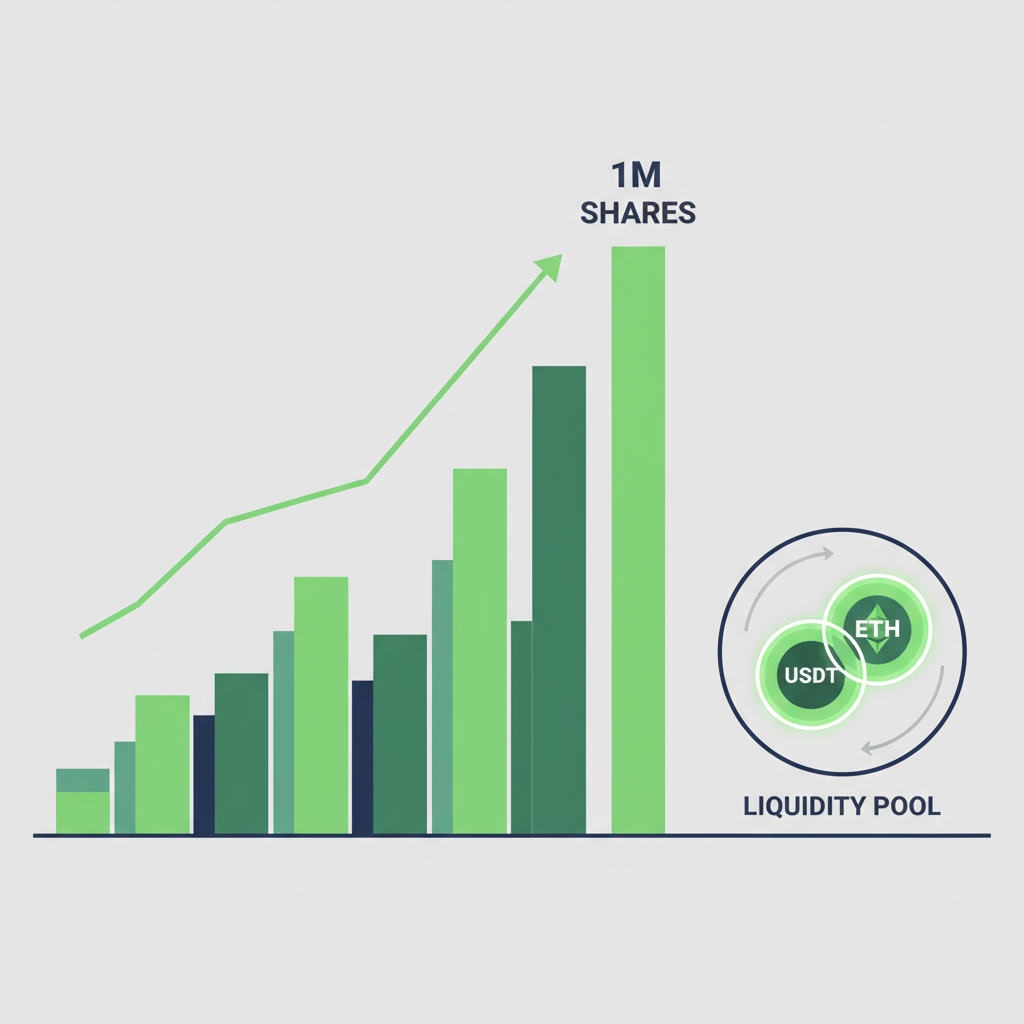 trading volume bars spiking over 1M shares, liquidity pool graphic, green charts realistic