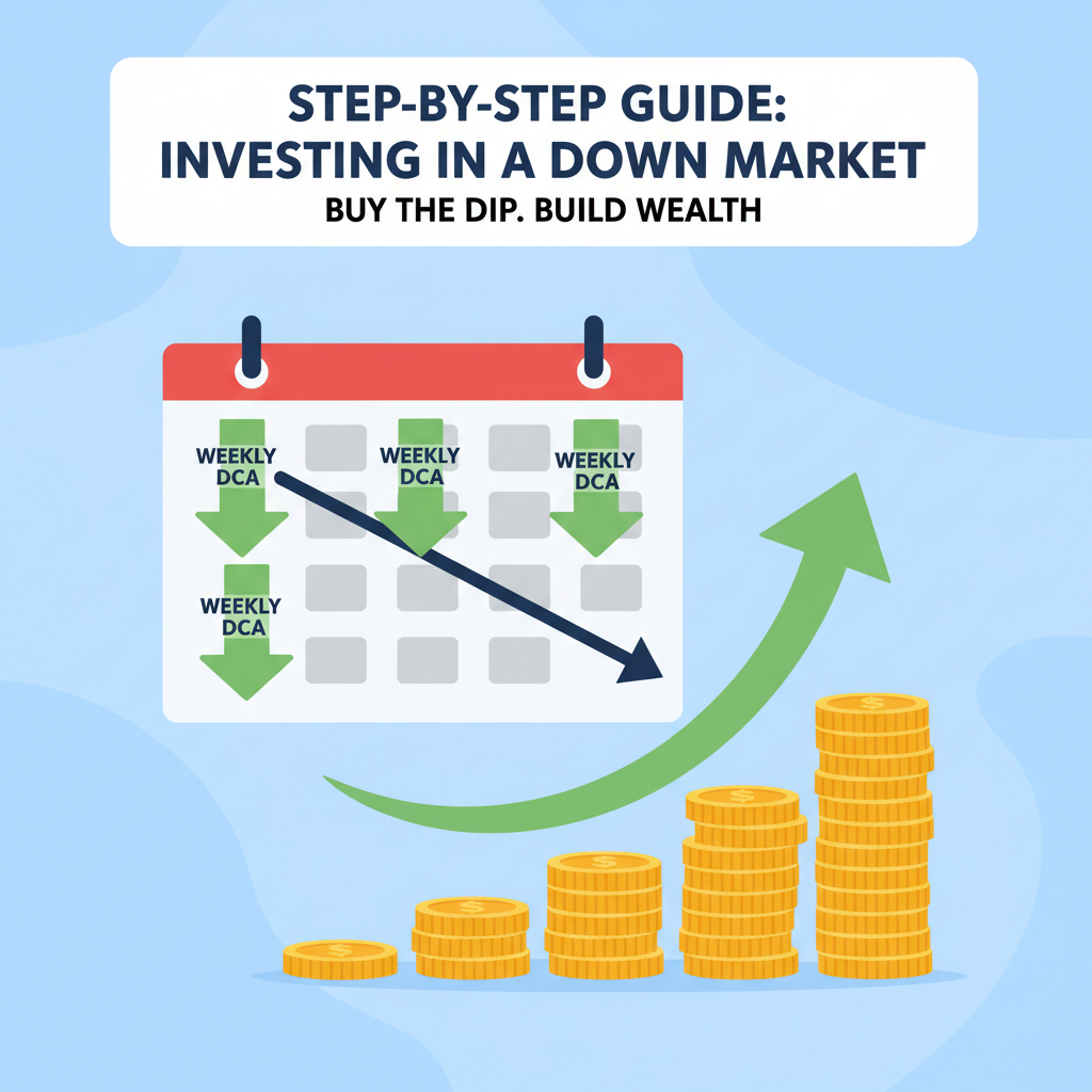 calendar with weekly DCA arrows into dipping chart, coins stacking, motivational realistic