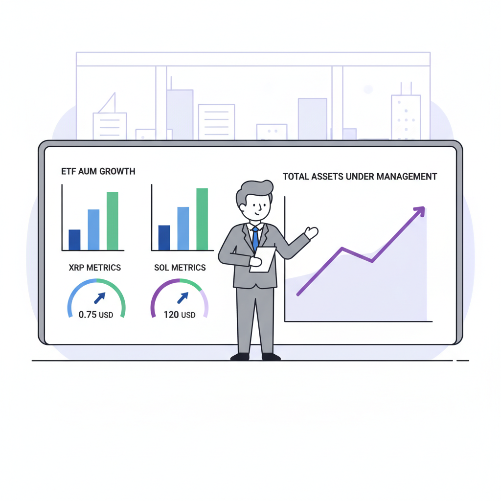 dashboard monitoring ETF AUM growth charts, XRP SOL metrics, analyst in suit realistic